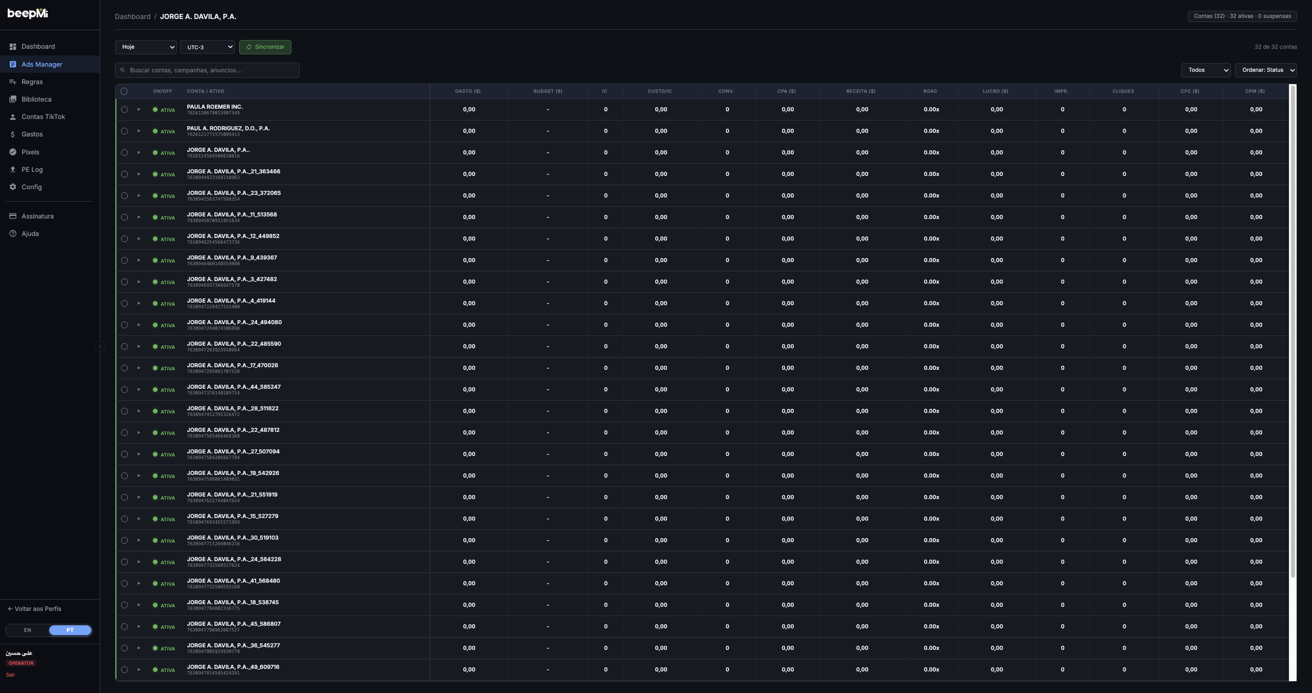 Ads Manager Model 1 showing 24 accounts with all metrics zeroed, before clicking Sync