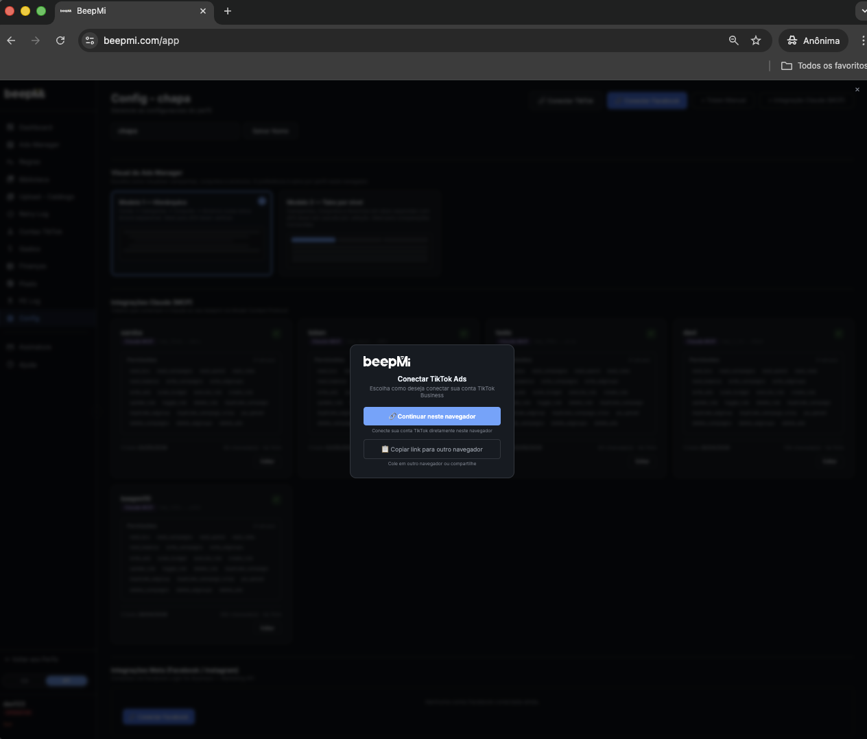 Connect TikTok Ads modal inside BeepMi with 2 options: continue in this browser or copy link
