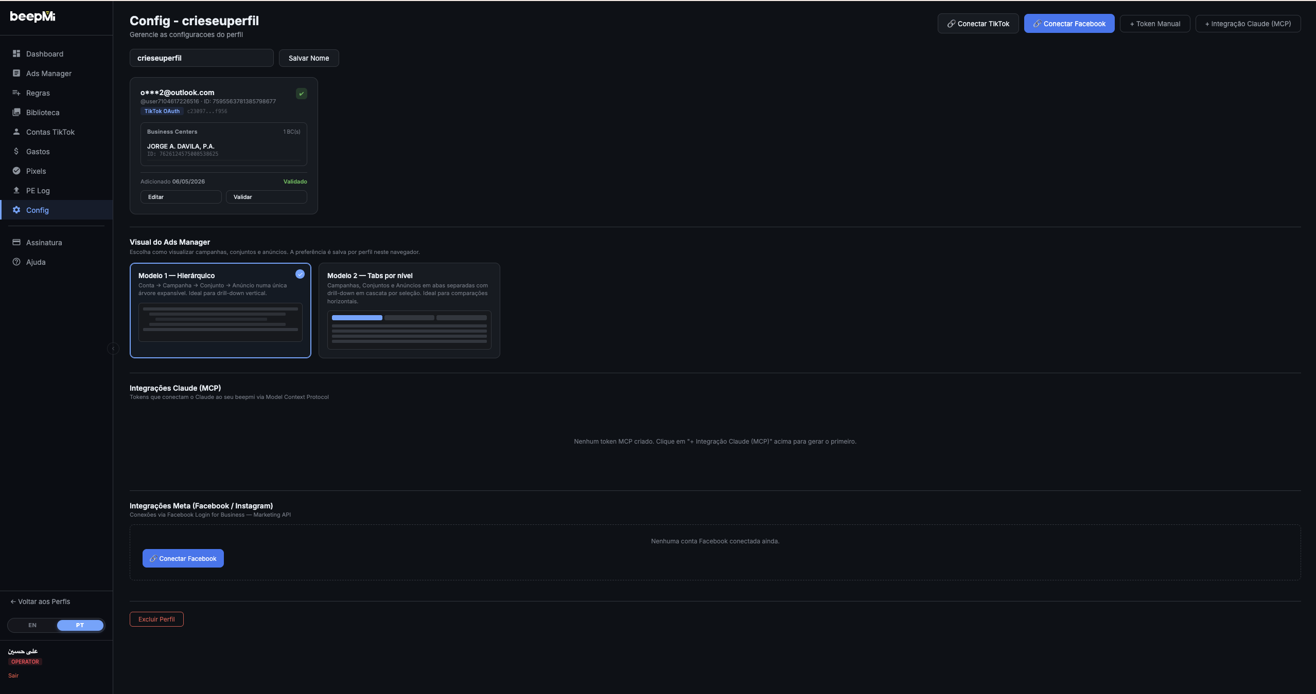 Profile Config screen showing the Connect TikTok / Facebook / Power Manager / Cloak3 buttons and the list of connected tokens