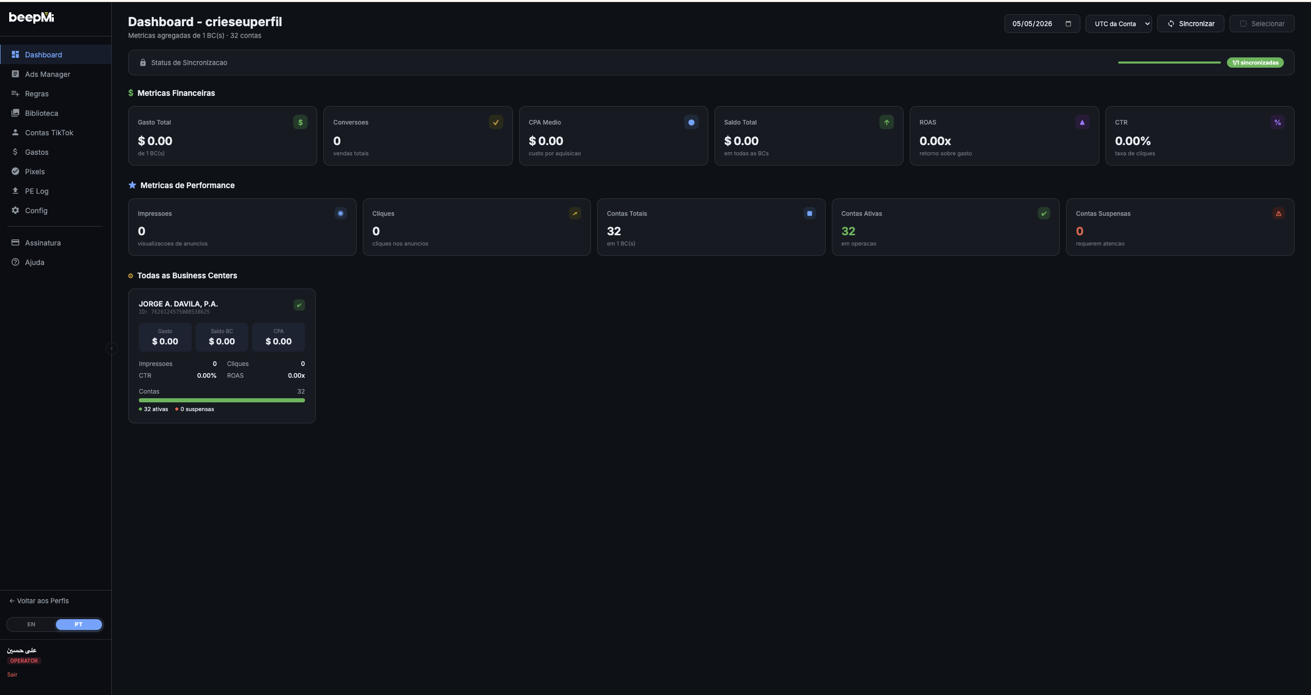 Profile Dashboard after sync showing 1/1 synced, financial and performance metrics, and the BC JORGE A. DAVILA P.A.
