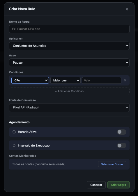 Create New Rule popup with Name, Apply to, Action, Conditions, Conversion Source, Schedule and Monitored Accounts fields