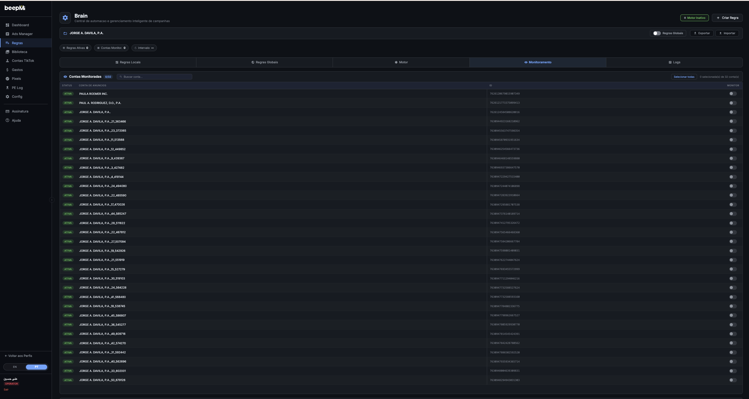 Monitoring tab showing list of 32 accounts from the BC with checkboxes, Select All option, and counter 0 selected of 32