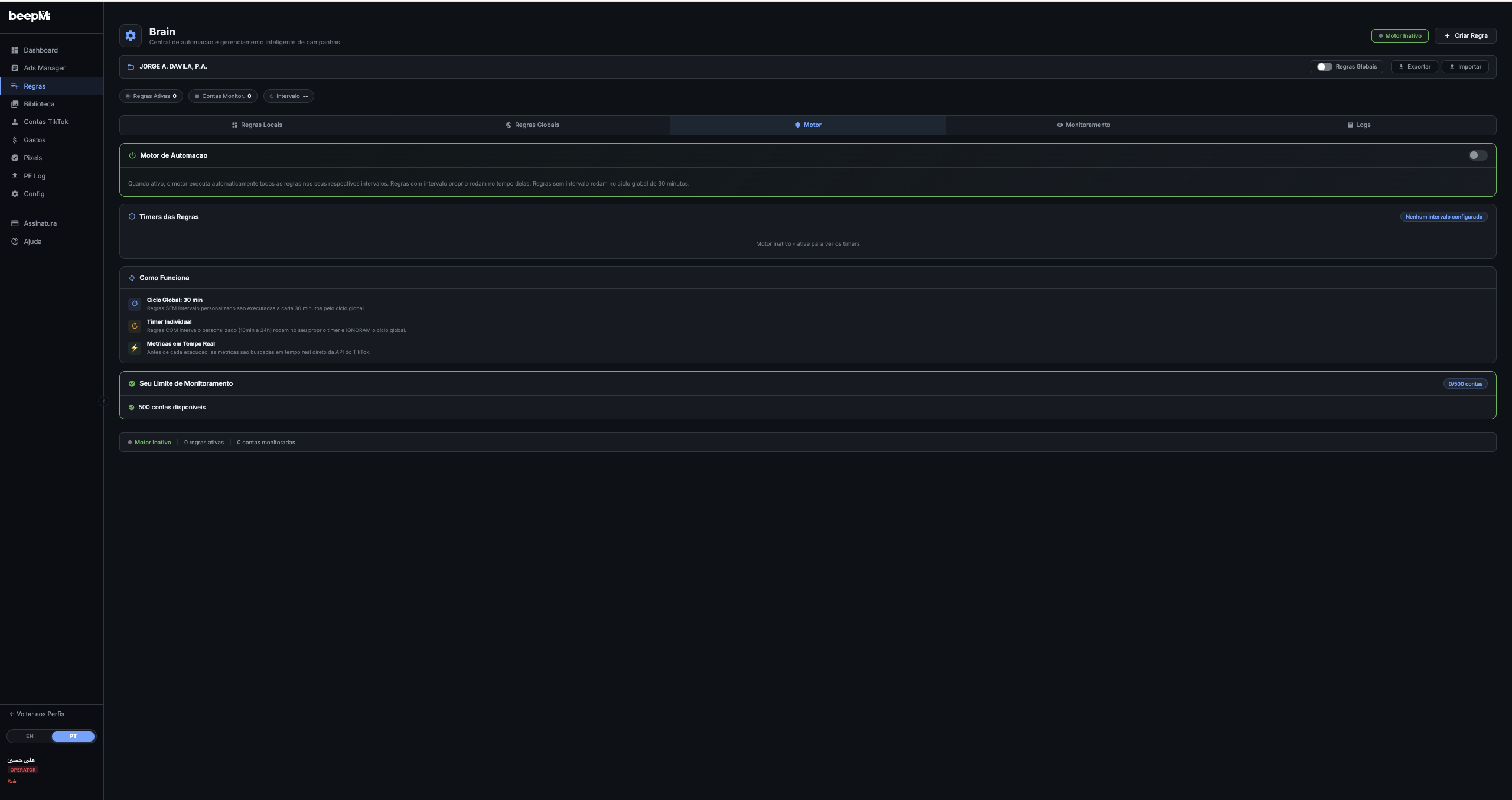 Engine tab with Automation Engine toggle, Rule Timers section, How It Works (Global Cycle, Individual Timer, Real-time Metrics) and Monitoring Limit 0/500 accounts