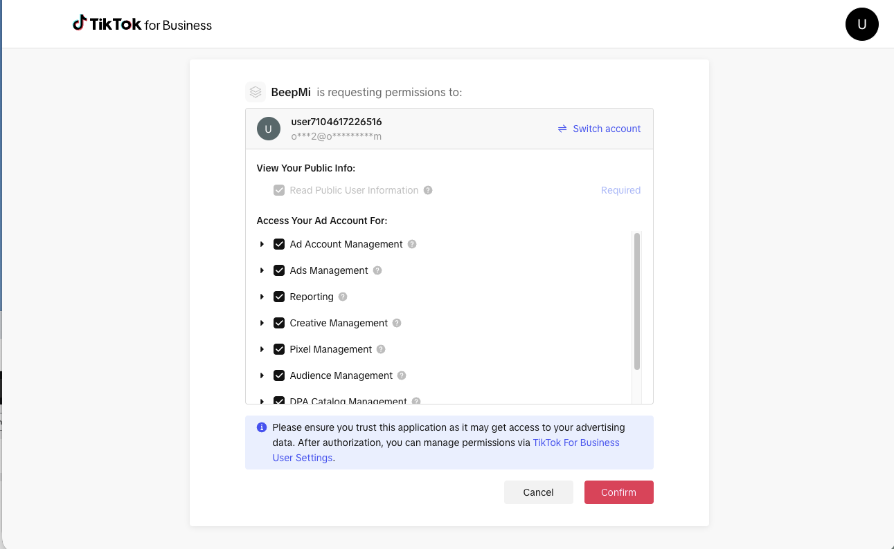 Real TikTok authorization screen requesting BeepMi permissions