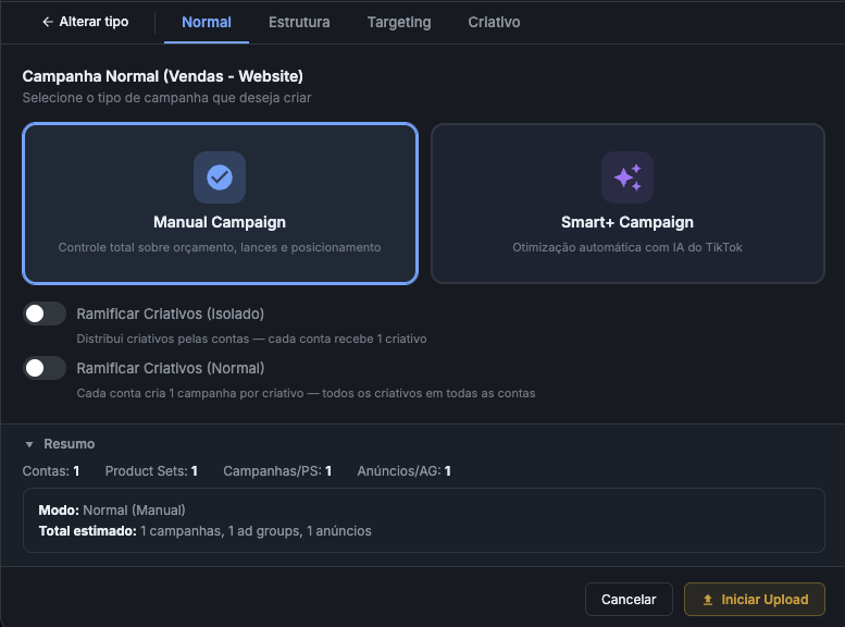 Etapa 1: escolher tipo de campanha