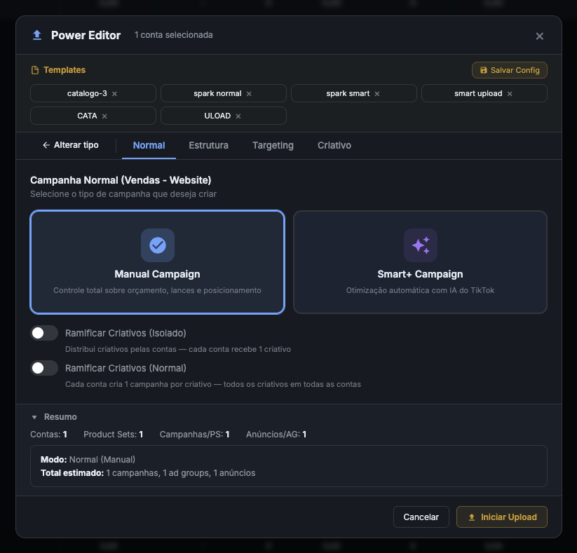 Etapa 1: tipo de campanha Upload
